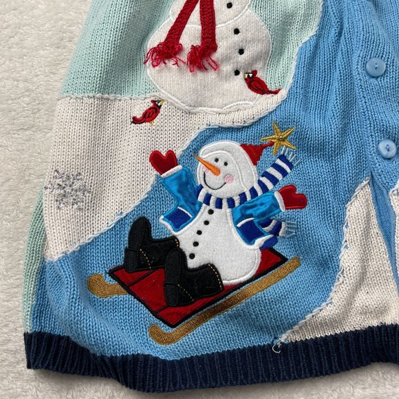 Quacker Factory Snowman Ugly Christmas Sweater Knit Cardigan‎ Womens Sz L Blue - Picture 14 of 16